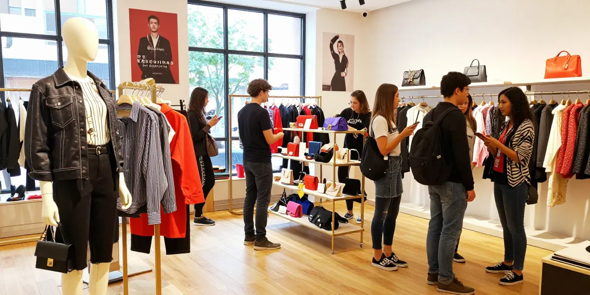 Vivid scene of stylish customers exploring 레플리카 fashion items in a modern retail store.