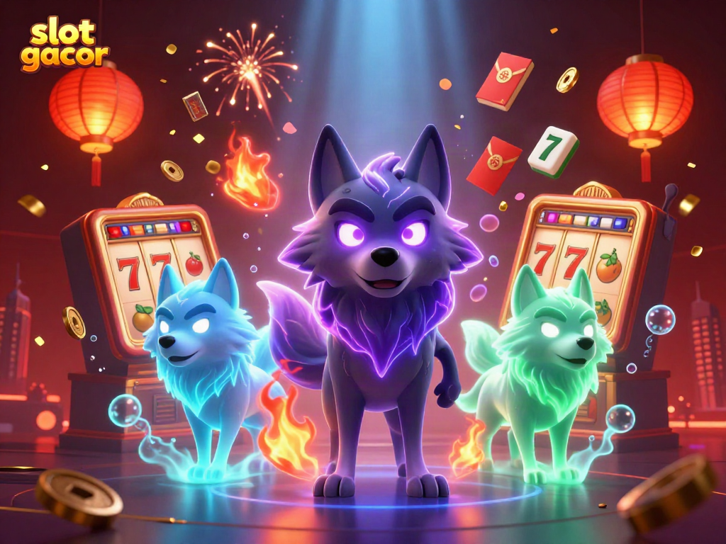 Experience the thrill of slot gacor with a mystical wolf pack illustration and dynamic casino elements.