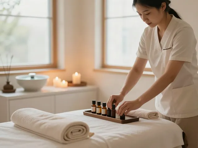 신림동출장마사지 therapist preparing a serene wellness room.