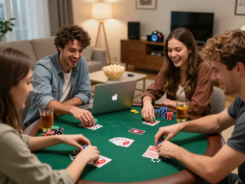 Friends joyfully playing poker while enjoying snacks and drinks in a cozy living room.