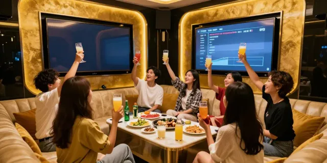 강남 구구단의 고급스럽고 활기찬 분위기에서 친구들이 즐거운 시간을 보내는 모습