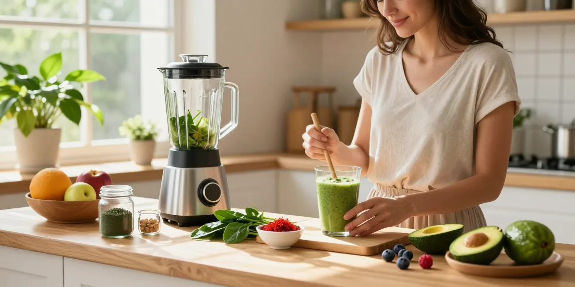 Vibrant smoothie preparation with microalgae astaxanthin ingredients in a bright kitchen.