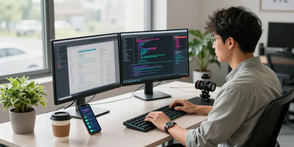 Engaged developer coding and using 纸飞机中文版 in a modern workspace with dual monitors and natural light.