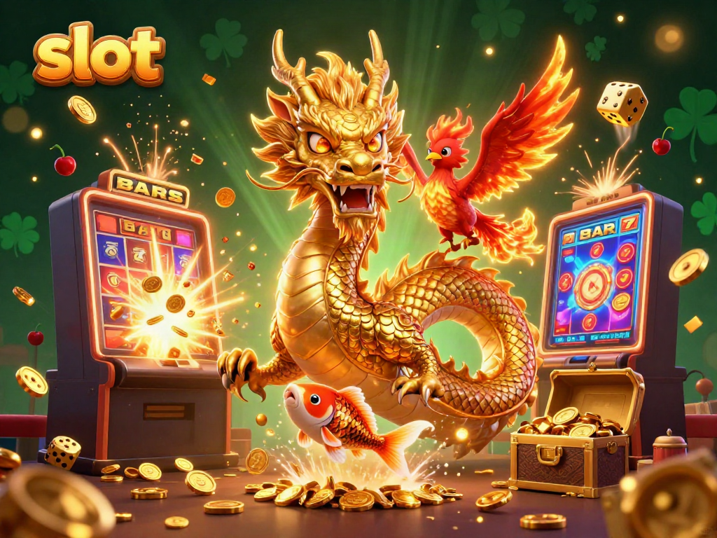 Slot machine jackpot scene featuring a dragon, phoenix, and koi fish, symbolizing casino excitement.