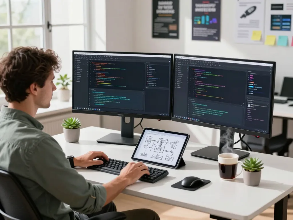 Image to prompt generator in a modern office workspace showing developers at work.