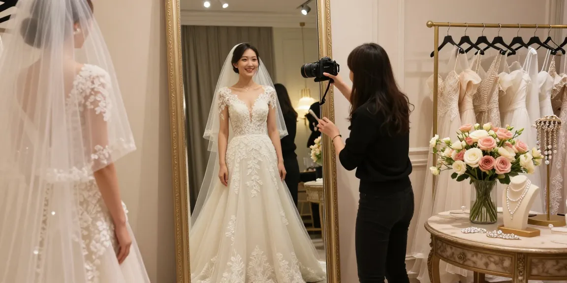 Consulenza di bridal styling con una sposa felice che prova un abito elegante e accessori nel boutique.