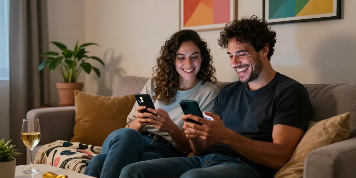 Couple enjoying sexting ai in a cozy living room with soft lighting, showcasing playful texts and emojis.