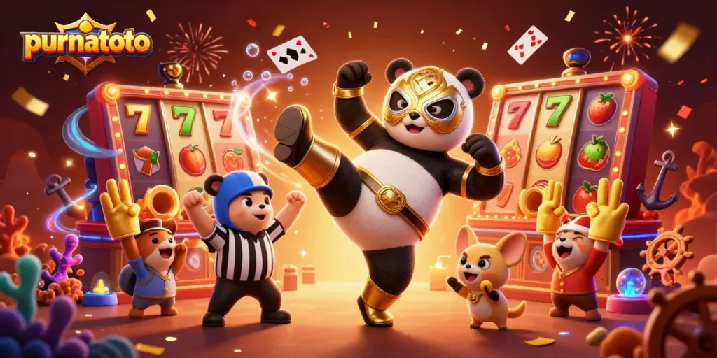 Gambarkan purnatoto dengan panda pegulat 3D beraksi di kasino, dikelilingi elemen permainan.
