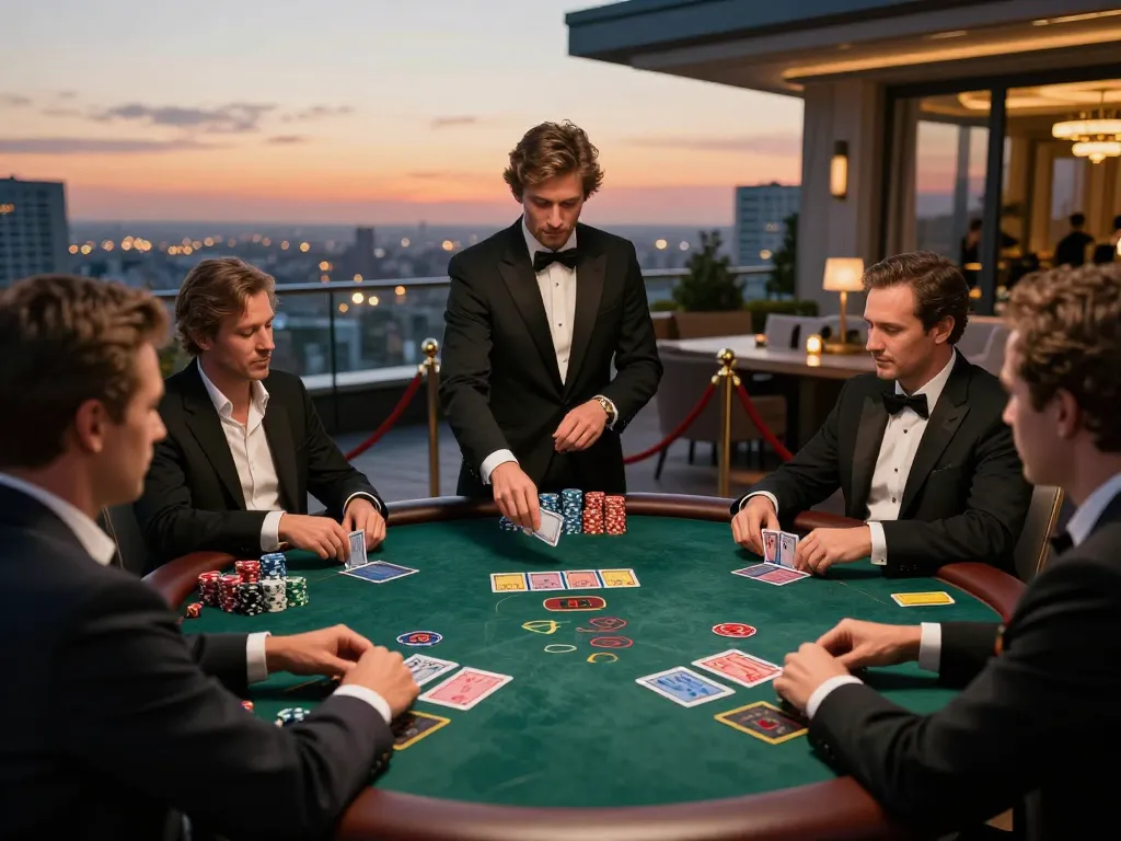 33win blackjack table with focused players enjoying high-stakes strategy under warm evening lights