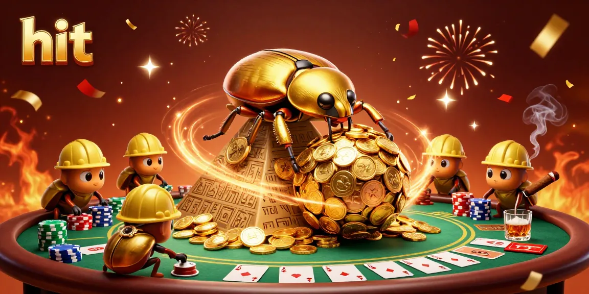Experience the thrill of hit gaming with a golden beetle rolling coins at a vibrant casino scene.