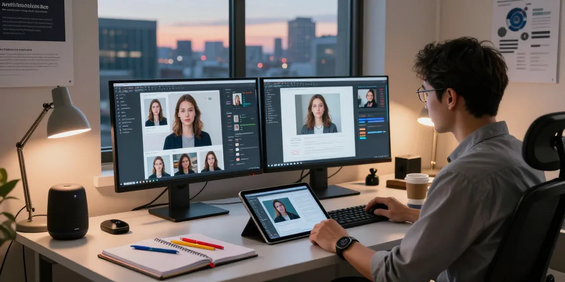 AI image checker analysis in a tech workspace with monitors, gadgets, and a city skyline.