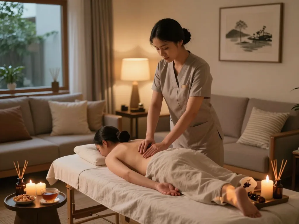Enjoying a 출장 massage in a serene home environment with calming decor.