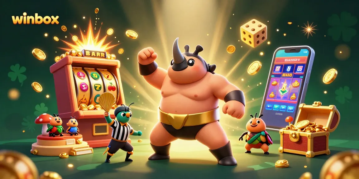 Winbox’s vibrant casino scene features a beetle champion celebrating as jackpots explode with coins, providing thrilling gameplay.