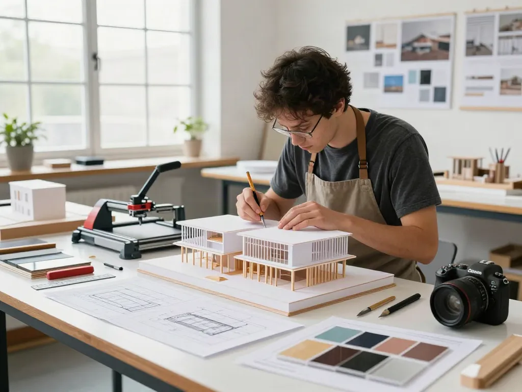 Architectural model maker Europe working on a detailed scale model in a bright workshop filled with design tools and materials.