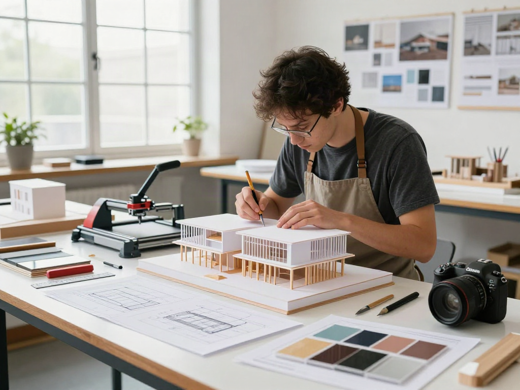 Architectural model maker Europe working on a detailed scale model in a bright workshop filled with design tools and materials.