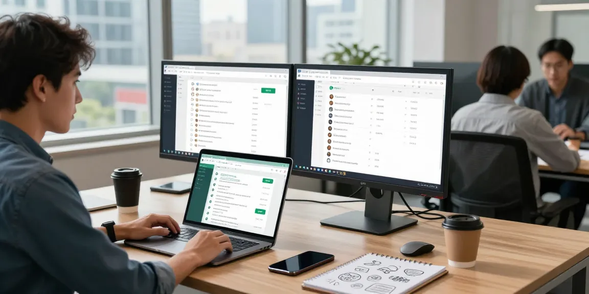 Professional using WhatsApp網頁版 on a laptop in a modern office setting