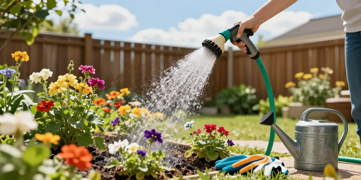 Person watering a garden with the best hose nozzle, surrounded by blooming flowers and plants in a sunny backyard.