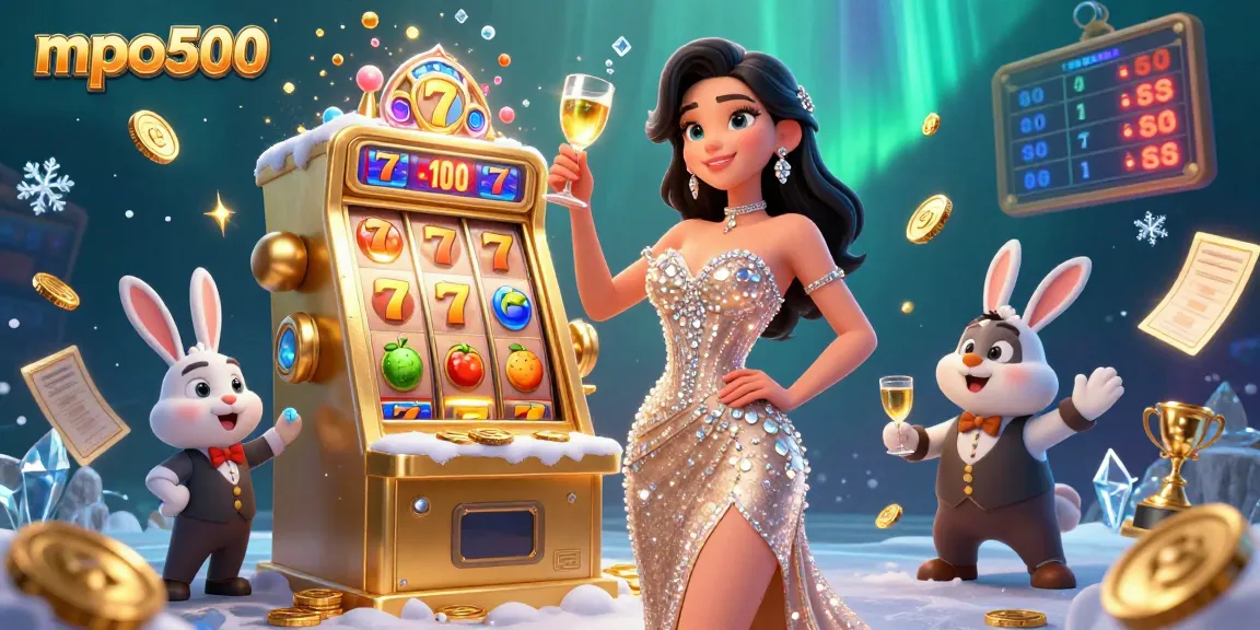 Experience the excitement at mpo500 with a stunning woman celebrating next to a jackpot slot machine.