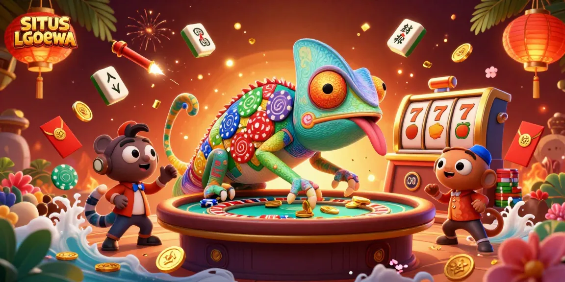Engage with SITUS LGODEWA's dynamic casino scene, featuring a chameleon owner amidst vibrant games and colorful elements.