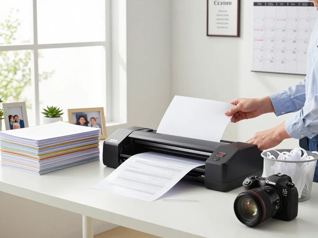 Bóc giấy tờ bị ép plastic in a modern office setting with documents organized.