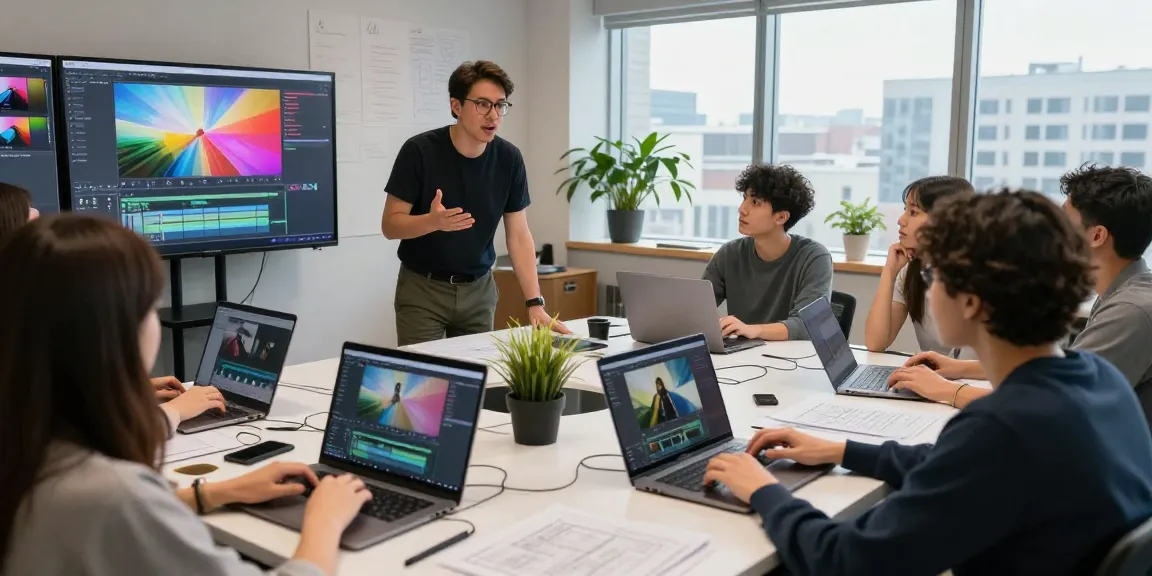 Students engaged in Adobe Premiere Pro training course during a creative workshop, showcasing vibrant video editing screens and collaborative learning environment.