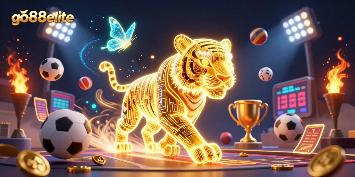 Engage with go88elite in a vibrant casino-themed digital illustration showcasing sports elements and a golden tiger.