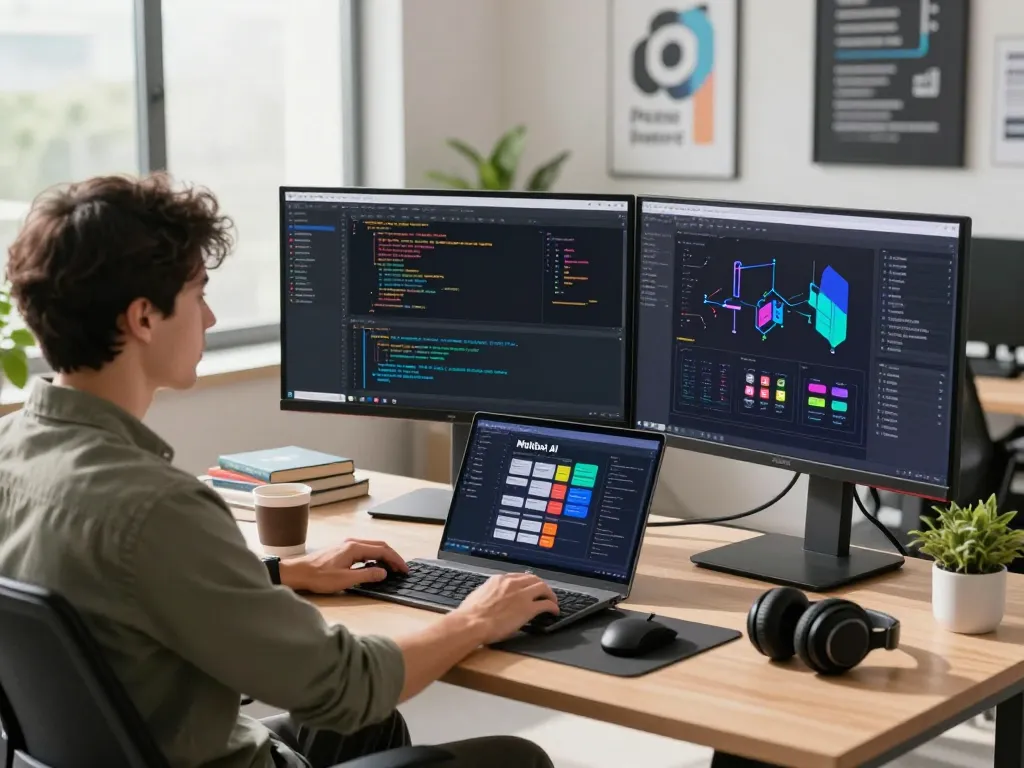 Dynamic Moltbot workspace with programmer coding, showcasing AI features on multiple screens.