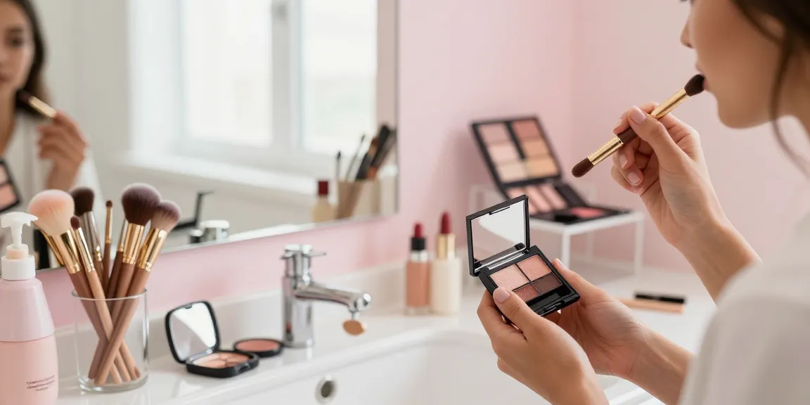 Applying champagne eyeshadow in a bright, modern bathroom with elegant beauty tools and makeup palettes.