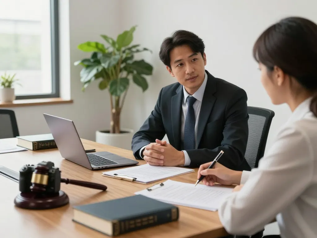 Consultation between USA lawyers and client in modern office setting, showcasing legal documents and a laptop.