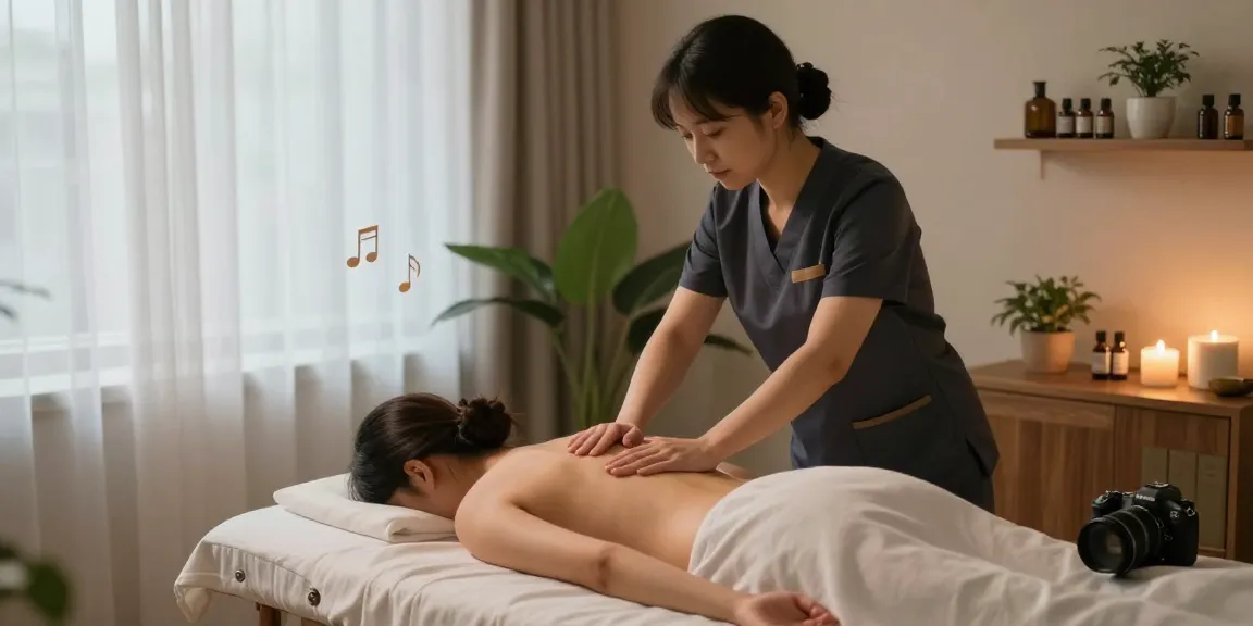 경기광주출장안마을 받는 고객과 전문 마사지사, 아로마 오일과 캔들이 배치된 편안한 마사지실