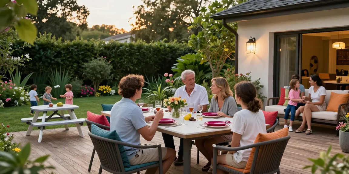 Enjoy luxury patio furniture around a stylish outdoor dining table, creating an inviting family gathering space.