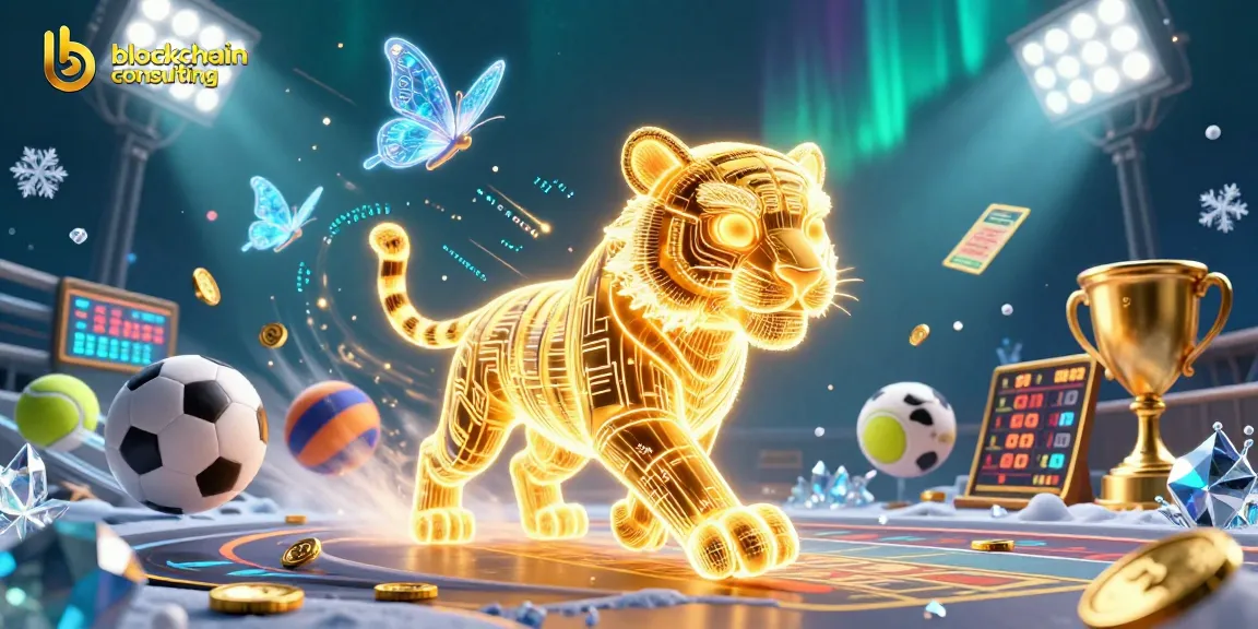 Engage in blockchain consulting within a vibrant digital casino scene featuring a golden tiger.