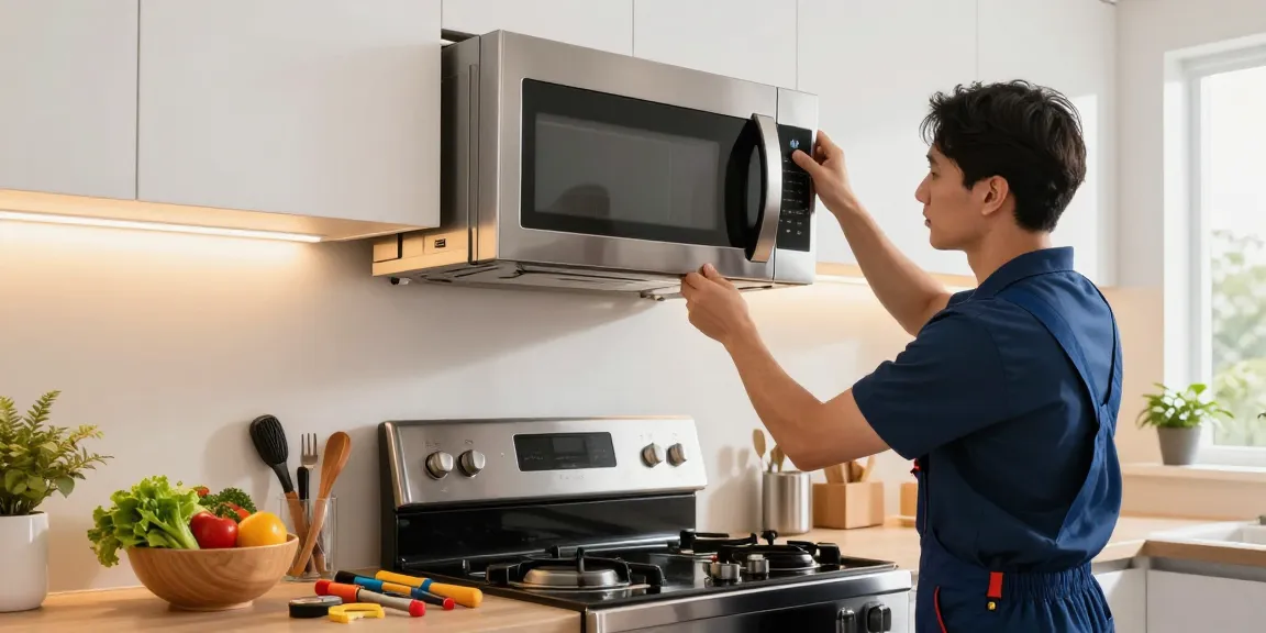 Microwave installation in a modern kitchen, technician securely mounting an over-the-range microwave.