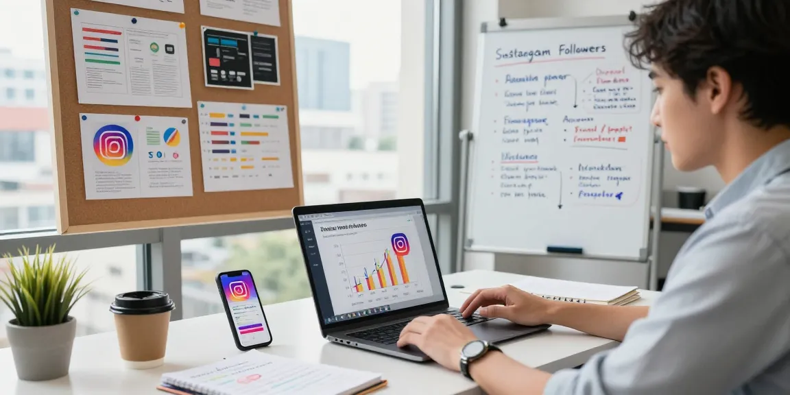 Analyzing data for purchasing Instagram followers in a modern office environment with engagement charts on display.