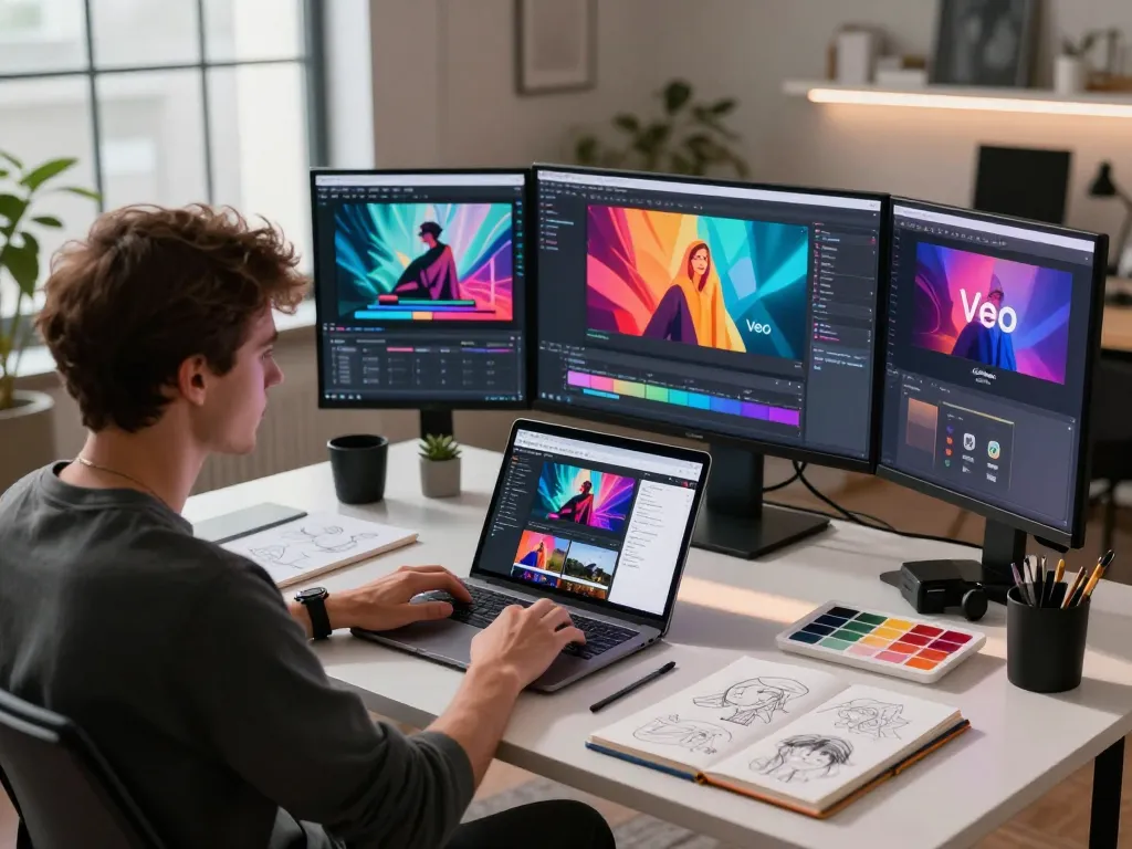 Generating video to prompt in a dynamic creative studio environment with digital tools.