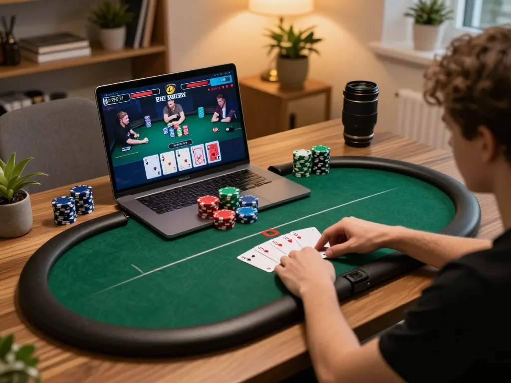 Engaging online poker game setup showcasing u888 in a cozy home environment with strategic gameplay elements.
