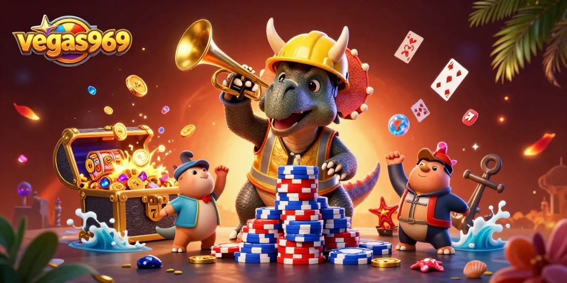 Engage with vegas969 as a triceratops builds a poker chip pyramid amidst vibrant slot elements.