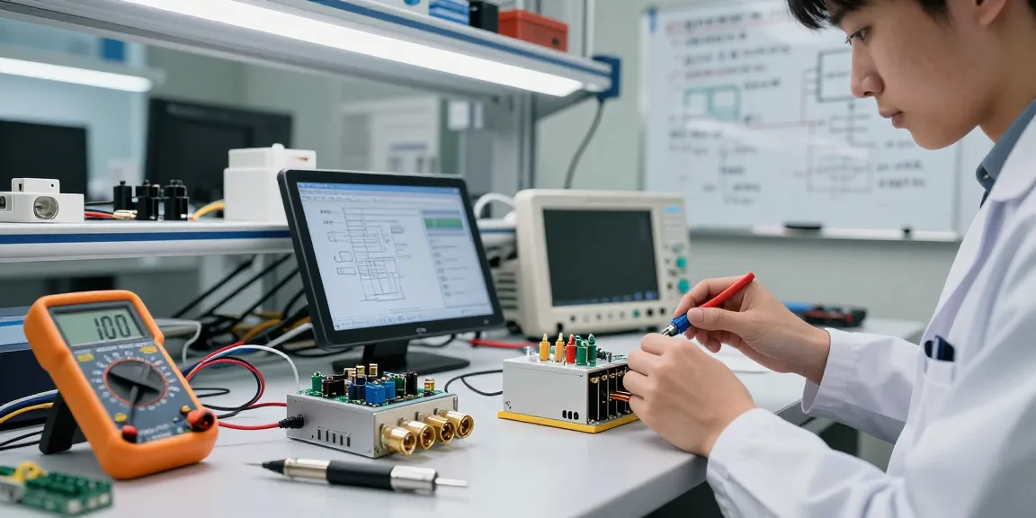 Engineer assembling IEC connectors in a professional electronics lab, showcasing types and testing equipment.