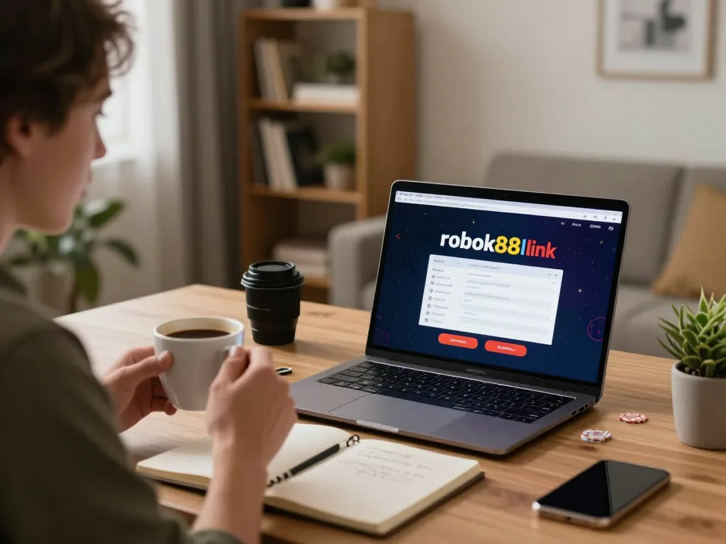Engaging in online poker with rokok88 link login on a laptop in a cozy home office.