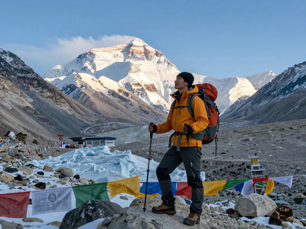 Traveler at Everest Base Camp celebrating the stunning mountain landscape at sunrise, showcasing iconic peaks and cultural elements.