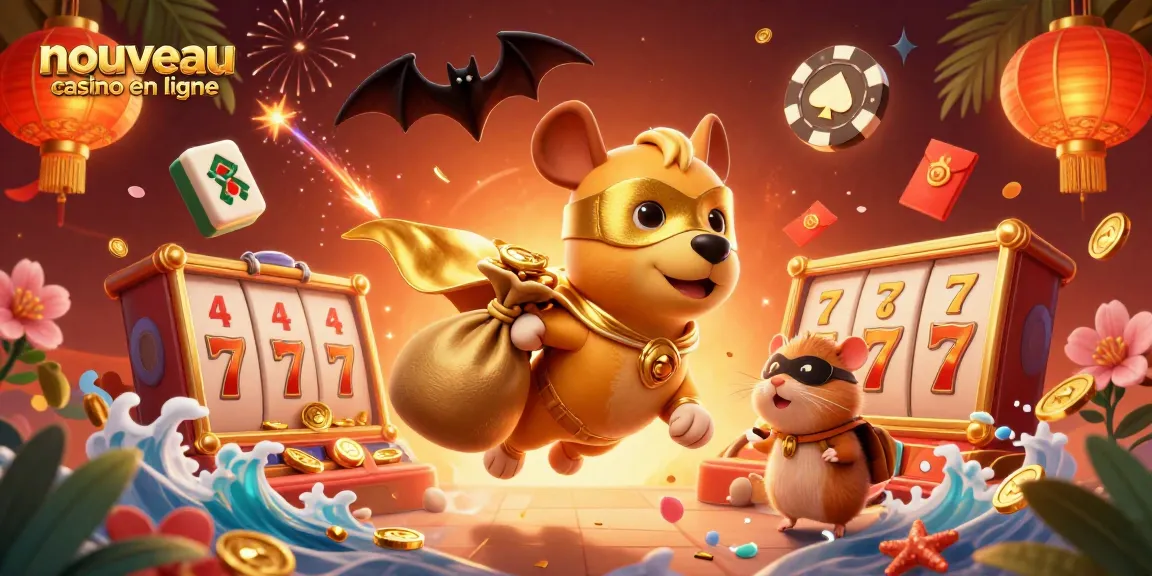 Interagissez avec le passionnant nouveau casino en ligne à travers une illustration vibrante d'un chien super-héros et de son acolyte, riche en éléments de casino.