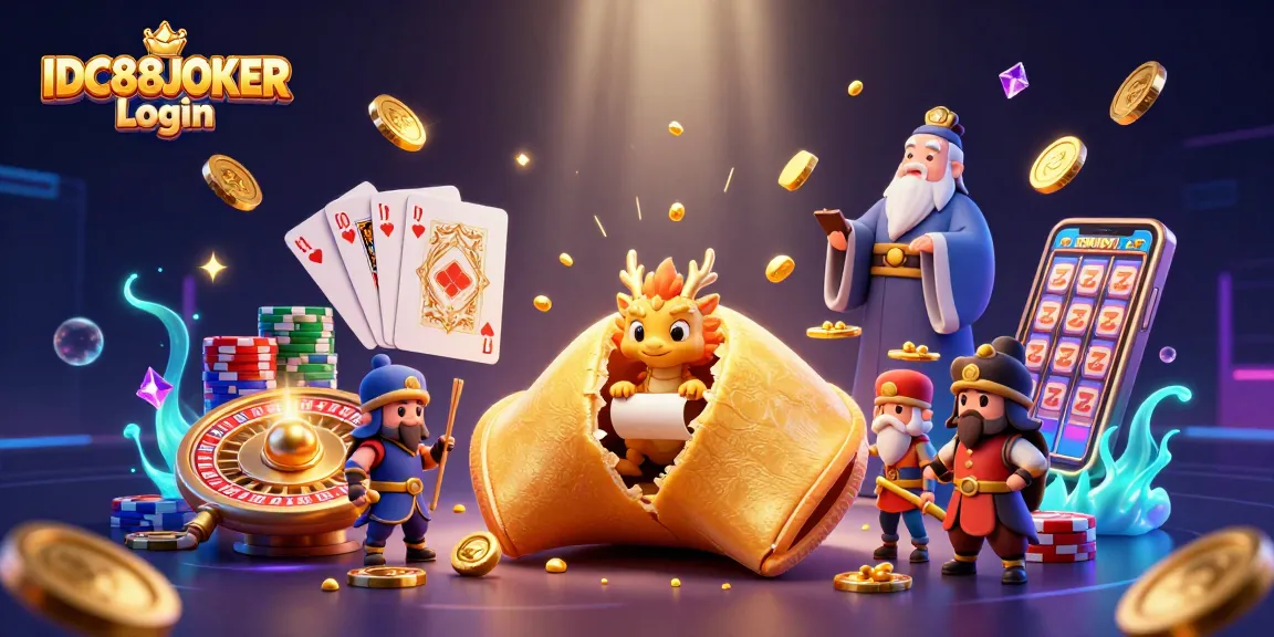 Experience thrilling wins with IDC88JOKER Login as golden coins and fortune cookies surround you in a vibrant casino world.