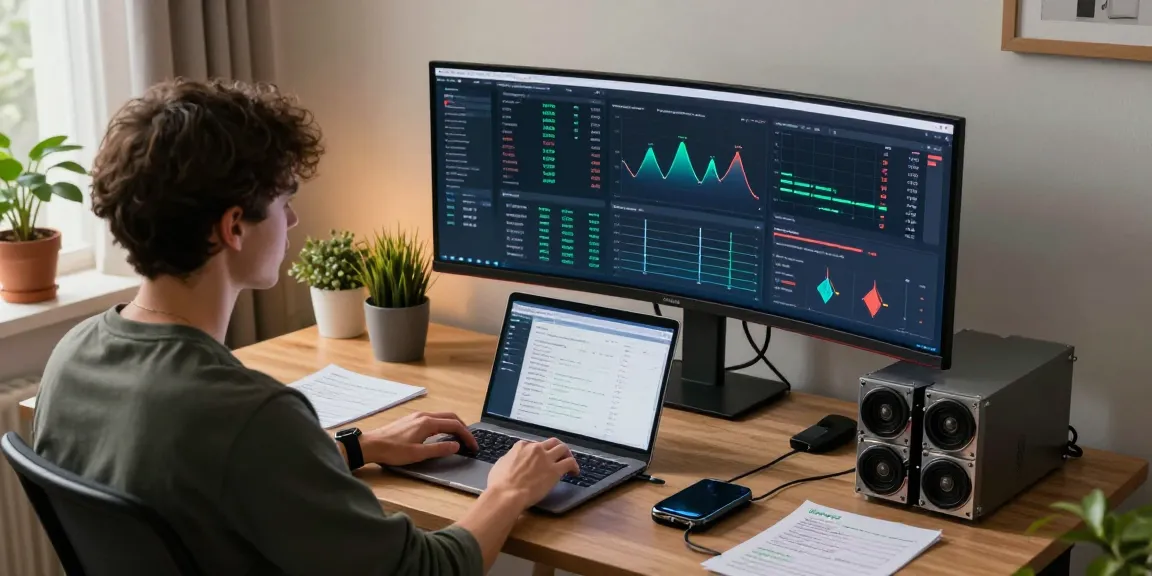 Eco friendly crypto mining scene featuring blockchain analytics and sustainable practices in a modern trading workspace.