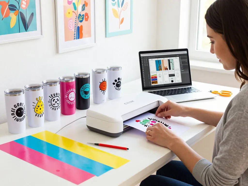 Designer crafting tumbler SVG bundle designs in a colorful craft studio.