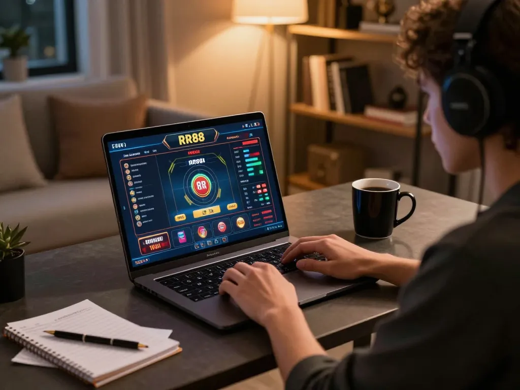 Player engaging with RR88 casino game on laptop in stylish home office setting