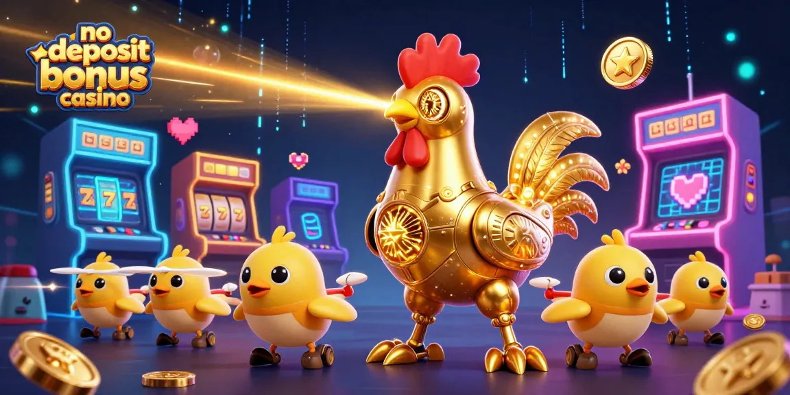 Engage at the no deposit bonus casino with an energetic casino scene featuring a futuristic rooster robot and slot game excitement.
