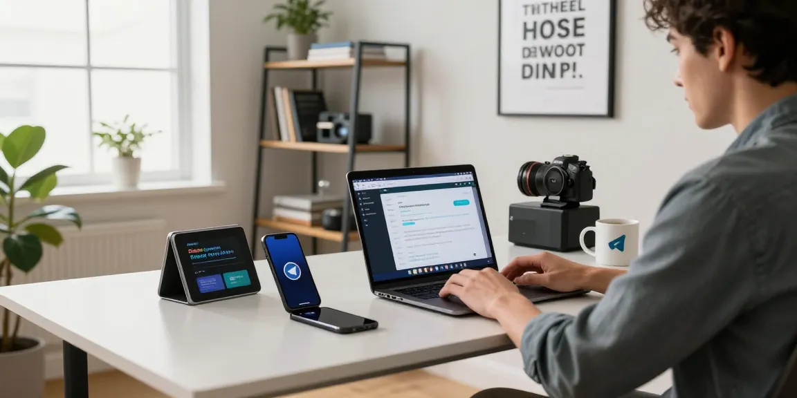 Engaging workspace with telegram中文 displayed on laptop, showcasing modern tech integration