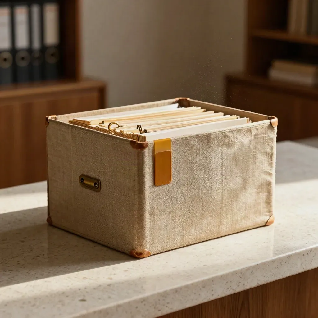 Open archive case with amber tabs and recovered VAT records on a travertine counter.