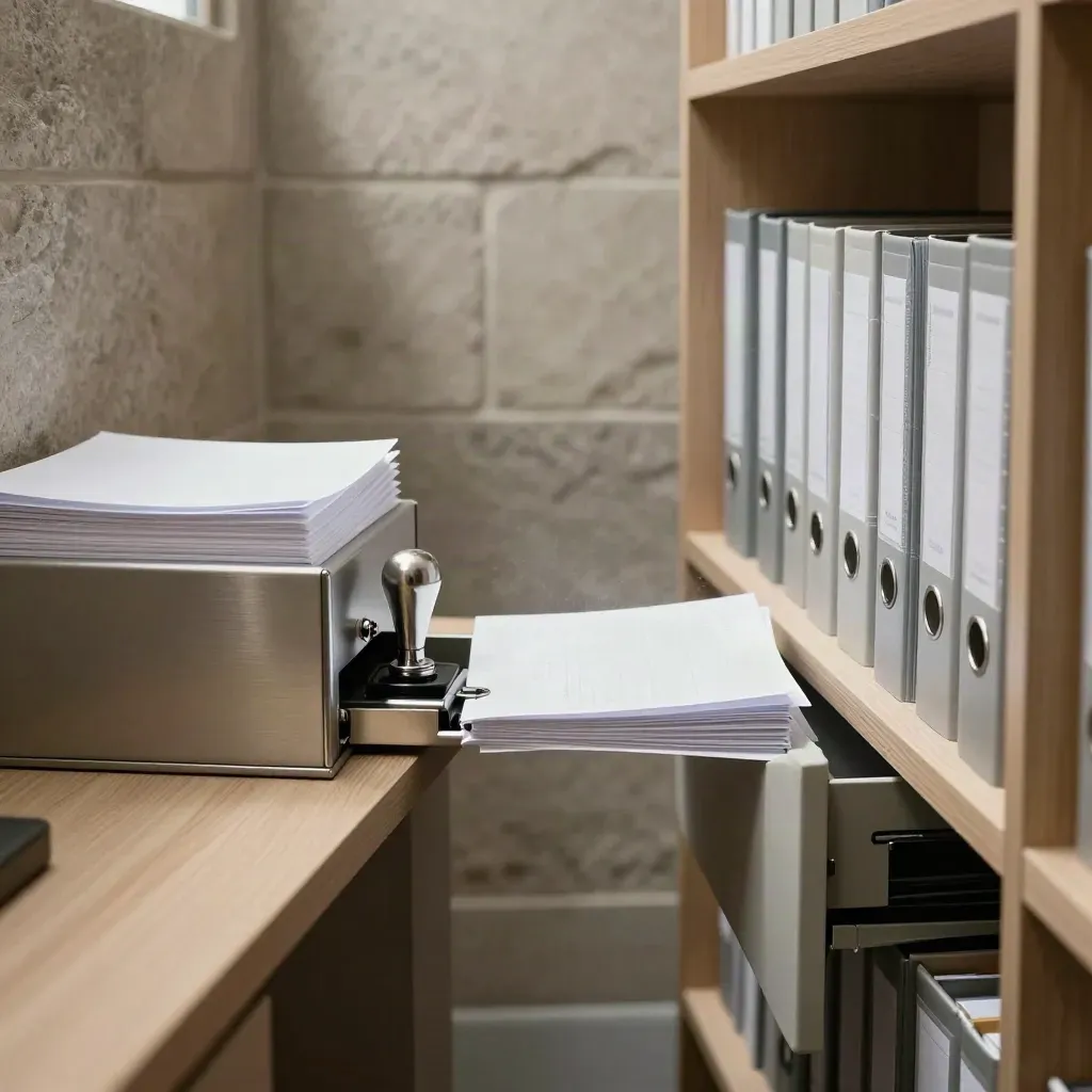 Vault-like office alcove with archive sleeves, seal press and archive box for VAT registration
