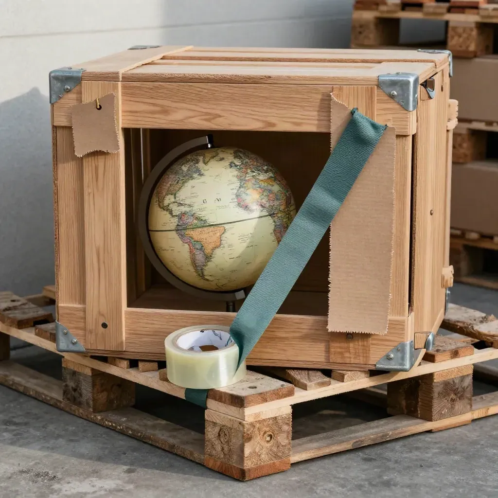 Customs crate, globe, transit tags and packing tape in a warehouse lane.